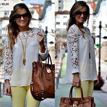Fashion Hollow Out Crochet Lace Spliced Chiffon Shirt