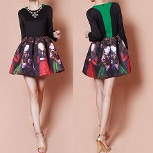 Luxurious Rhinestone Round Neck Floral Print Long Sleeve Dress