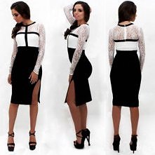 Fashion Contrast Color Lace Spliced Slit Hem Long Sleeve Dress