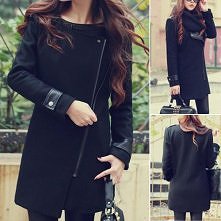 Fashion Laple Oblique Zipper Slim Fit Woolen Coat