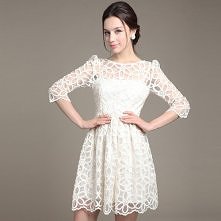 Elegant 3/4 Sleeve Round Neck High Waist Lace Dress