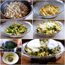 Szybka zapiekanka z kurczakiem, brokułem, pieczarkami i makaronem penne