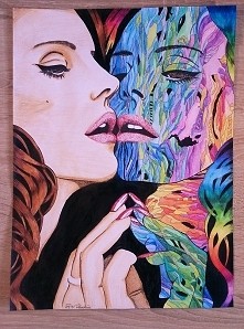 Lana Del Rey, 28,5 cm x 38,5 cm, kredki akwarelowe, farba akrylowa, cienkopis
