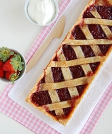 Strawberry crostata:
(forma 26 cm,lub 30×10 cm)
Nadzienie:
800 g truskawek, bez szypułek i przekrojonych na pół
250 g cukru pudru
1 pasek (10 cm) skórki z pomarańczy
    sok z 1...