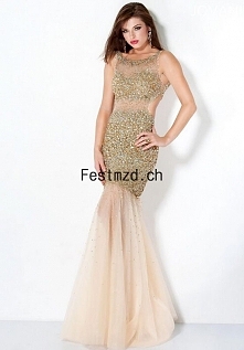 Gold Trompete/Meerjungfrau Perlen Lange Ärmel Tüll Ballkleider