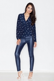 Granatowa bluzka koszulowa z ptasim motywem