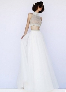 Long Two Piece High Halter Neck Beaded Ivory Evening Gown [Sherri Hill 11220 Ivory] - $239.00 : 2015 Fashion Prom Gown,Popular Graduation Dress On Sale - promgownfashion.com
