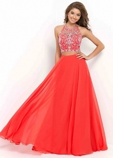 2015 Long Persimmon Halter High Neck Two Piece Beaded Formal Dre