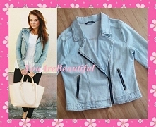 Kurteczka ramoneska bloggerek - wybielany jasny jeans zip, rękawy 3/4. Wyprzedaż z szafy. Kliknij w obrazek aby kupić.