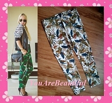 Białe spodnie jeansy rurki cygaretki - nadruk palm, styl bloggerek. Super materiał. Nowe - wyprzedaż z szafy. Kliknij w obrazek aby kupić.