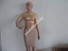 Sukienka bandażowa 2 cz złoty metaliczny top i spódnica z pasem. Kliknij w obrazek aby kupić.