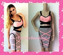 Sukienka gwiazd, bandażowa bodycon . Róż neon, top i spódniczka, wyszczuplający model. Kliknij w zdjęcie aby kupić.