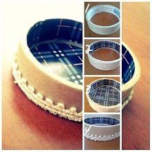 Przedmioty, które użyłam: kółko od zużytej taśmy klejącej, klej Magic, klej introligatorski, nożyczki, ołówek, okładka po zeszycie, kawałek materiału z koronki.