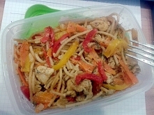 Lunchbox: pełnoziarniste spaghetti z kurczakiem i kolorowymi paprykami.

greentealabel.blogspot.com