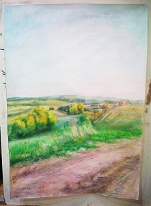 Uwielbiam, gdy zachodzące słońce oblewa te cudowne pagórki, dlatego sięgnęłam po akwarelki i utrwaliłam ten moment ;)