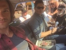 jaredpadalecki Sittin in baby with@jensenackles and our director Tom Wright. And, yes, that IS the Winchester cassette collection sittin between us :).