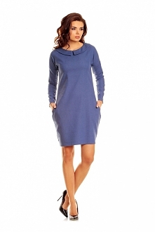 Jeansowa Sukienka z Kołnierzykiem, Długi Rękaw