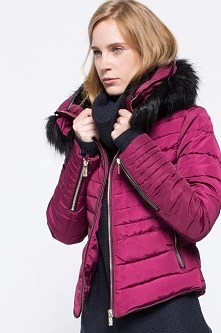 Ocieplana pikowana kurtka, kaptur, futerko, mahoń