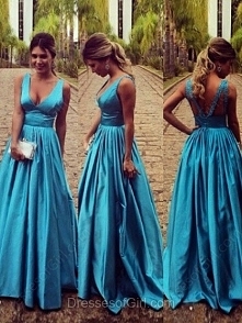 A-line V-neck Elastic Woven Satin Floor-length Ruffles Prom Dresses