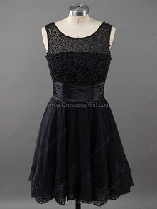 A-line Scoop Neck Tulle Short/Mini Beading Prom Dresses