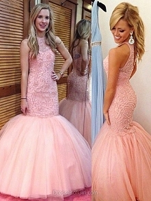 Trumpet/Mermaid Scoop Neck Tulle Floor-length Beading Prom Dresses