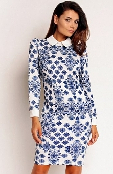 Nommo NA82 sukienka biało-niebieska Elegancka sukienka, długi rękaw, dopasowany fason