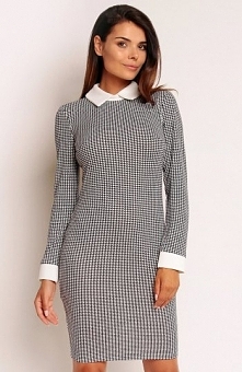 Nommo NA82 sukienka czarno-biała Elegancka sukienka, długi rękaw, dopasowany fason