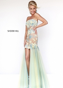 2014 Yellow/Aqua Cheap Sherri Hill 11110 Lace Strapless Hi-Lo Prom Dress