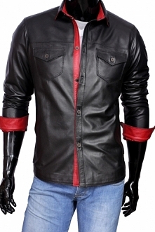 Dwukolorowa koszula skórzana DORJAN. Połączenie czarnego z czerwonym dało niepowtarzalny nowoczesny styl. KLIKNIJ W ZDJĘCIE PO WIĘCEJ INFORMACJI.