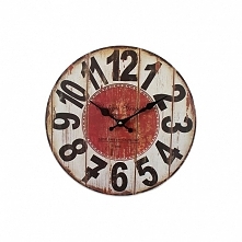 Ozdobny zegar ścienny z dużymi czarnymi cyframi. Oryginalnie wykonany w stylu vintage.