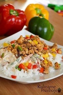 Potrawka z kurczaka a’la Gyros podawana na ryżu  Składniki:
500g piersi z kurczaka
2 małe czerwone cebule
3 łyżki oliwy z oliwek
3-4 łyżki przyprawy Gyros do kurczaka (w zależno...