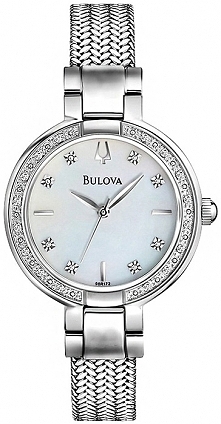zegarek Bulova z prawdziwymi diamentami, perłową tarczą i pięknie plecioną bransoletą