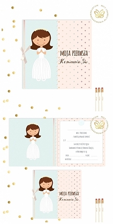 Zaproszenia na uroczystość przyjęcia I Komunii Św. // Dziewczynka 2 // format: 14 x 14 cm (złożone), 14 x 28 cm (po rozłożeniu)