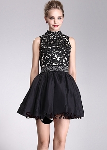 Staychicfashion Black Floral Lace Applique Top High Neck Sequined Waist Short Prom Dress