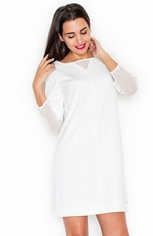 Katrus K323 sukienka ecru Modna sukienka, prosty fason, dekolt ozdobiony tiulową wstawką