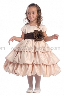 Blossom Champagne Three Layer Satin Bubble Dress Detachable Sash & Flower