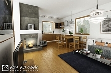 Wydrzyk - ekonomiczny dom jednorodzinny z poddaszem użytkowym i wiatą. Wizualizacja salonu.