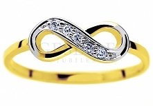 Oryginalny, dwukolorowy pierścionek z symbolem nieskończoności - białe i żółte złoto próby 585 oraz brylanty - GRAWER W PREZENCIE - kolekcja GESELLE Jubiler
