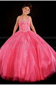 Ball Gown Halter Beading Tulle Satin Girl Pageant Dress