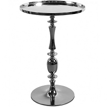 Bardzo nowoczesny stolik w kolorze srebrnym z okrągłym blatem przypominającym tacę oraz ciekawie wykończoną nogą.