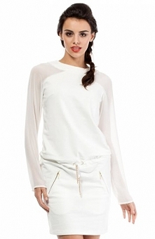 Moe MOE206 sukienka ecru Modna sukienka, szyfonowe długie rękawy, w pasie ściągana troczkiem