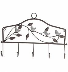 Duży wieszak metalowy - ścienny w kolorze antycznego beżu. Wieszak na 5 haczyków z 4 ceramicznymi ptaszkami. Piękna dekoracja na ścianie w korytarzu lub przedpokoju. Wieszak pos...