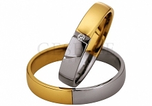 Elegancki duet obrączek - połączenie dwóch połówek z białego i żółtego złota z lśniącym brylantem - GRAWER W PREZENCIE