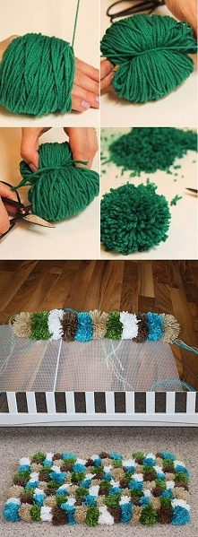 If done in cottons, and all in moss colors, this could actually be pretty cute. Pompom Rug | DIY Stuff