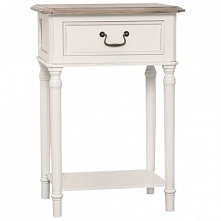 Piękny jasny stolik nocny z szufladą i bielonym blatem.