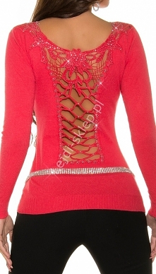 Sweter z gipiurową koronka oraz cyrkoniami, koral | swetry damskie