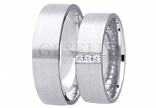 Solidny komplet obrączek ślubnych z białego złota próby 585 z trzema cyrkoniami Swarovski ELEMENTS - kolekcja True Love - GRAWER W PREZENCIE - GESELLE Jubiler