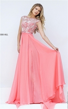 2016 Bateau-Neck Beaded V-Back Aqua Slit Prom Dresses By Sherri Hill 50445