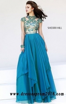Teal Sherri Hill 1933 Beaded High Neck Open Back Chiffon Ruffled Long Evening Dress