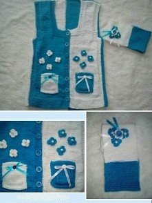 komplet na drutach. kamizelka i opaska dla dziewczynki.  Szydełkowe kwiatki.  włóczka Dora.